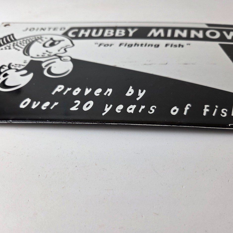 Vintage Chubby Minnow Sign - Fishing Lure Advertisement Porcelain Gas Pump Sign - Image 10