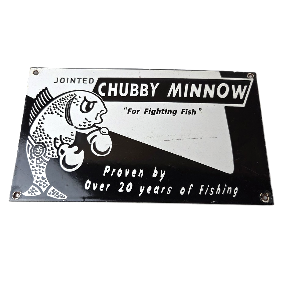 Vintage Chubby Minnow Sign - Fishing Lure Advertisement Porcelain Gas Pump Sign