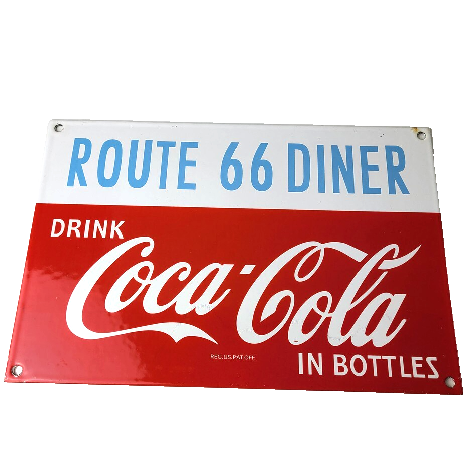 Vintage Coca Cola Porcelain Sign - Route 66 Gas Pump Soda Diner Sign
