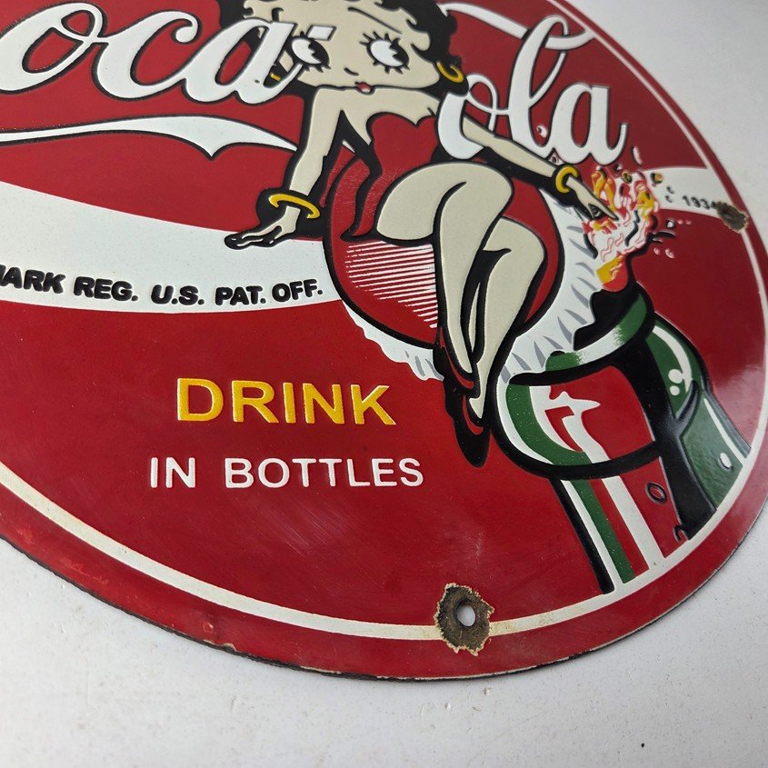 Vintage Coca Cola Sign - Betty Boop Bottle Gas Pump Porcelain Ad Sign - Image 11