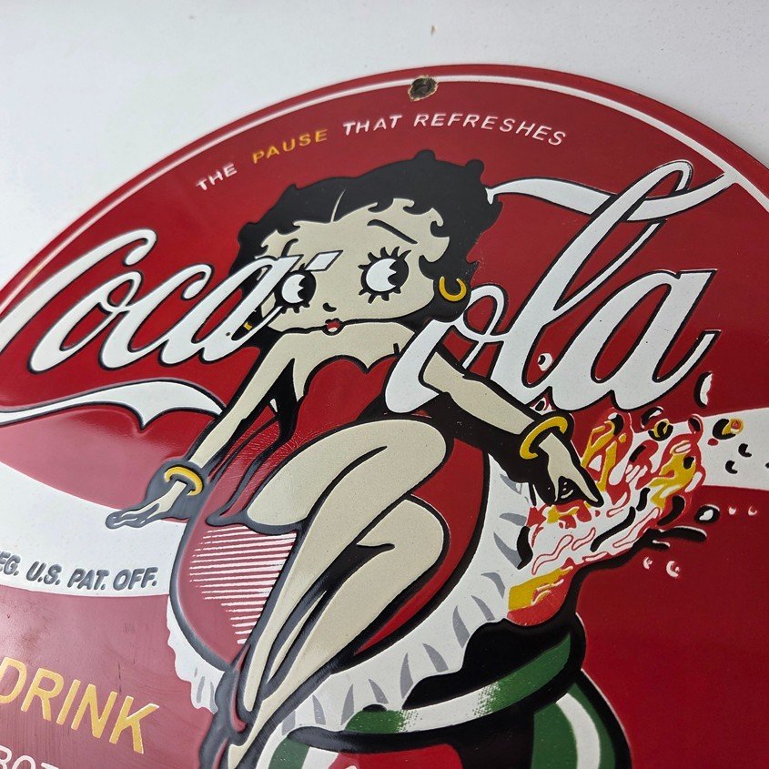 Vintage Coca Cola Sign - Betty Boop Bottle Gas Pump Porcelain Ad Sign - Image 12
