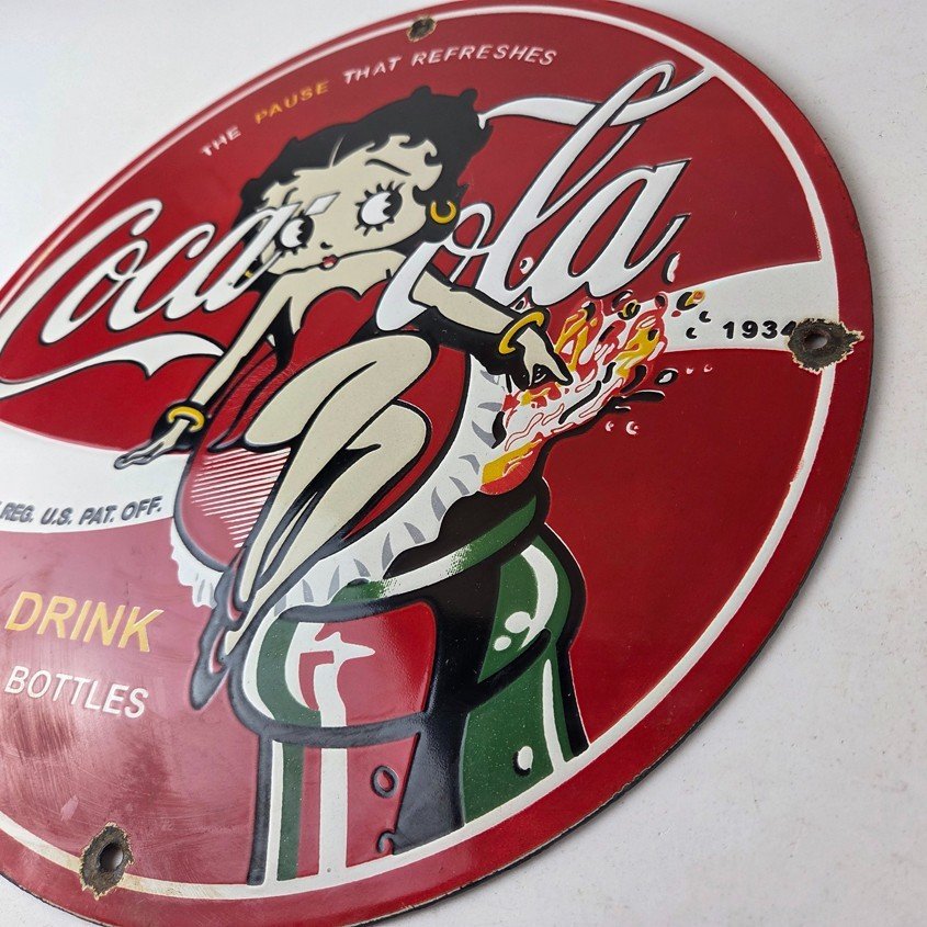 Vintage Coca Cola Sign - Betty Boop Bottle Gas Pump Porcelain Ad Sign - Image 13