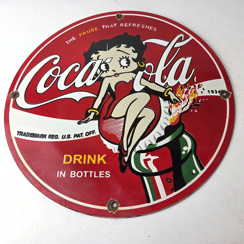 Vintage Coca Cola Sign - Betty Boop Bottle Gas Pump Porcelain Ad Sign - Image 15