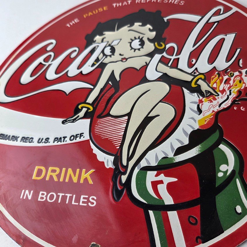 Vintage Coca Cola Sign - Betty Boop Bottle Gas Pump Porcelain Ad Sign - Image 4