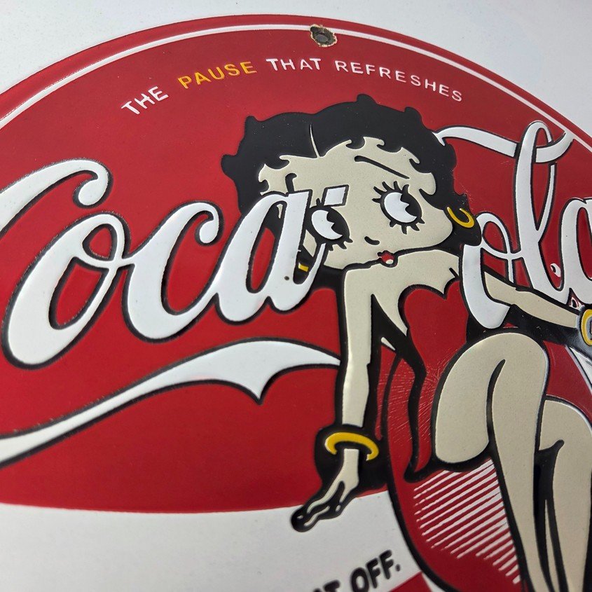 Vintage Coca Cola Sign - Betty Boop Bottle Gas Pump Porcelain Ad Sign - Image 5