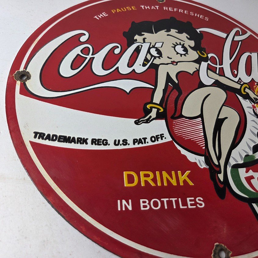 Vintage Coca Cola Sign - Betty Boop Bottle Gas Pump Porcelain Ad Sign - Image 6
