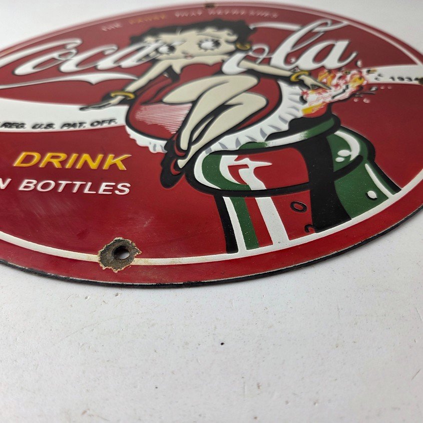 Vintage Coca Cola Sign - Betty Boop Bottle Gas Pump Porcelain Ad Sign - Image 10