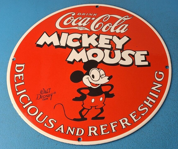 Vintage Coca Cola Sign Disney Mickey Mouse Refreshing Soda Gas Porcelain Sign 305774176331