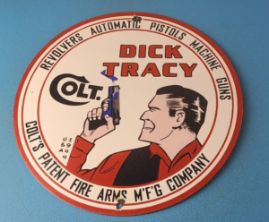 Vintage Colt Porcelain Pistols Machine Guns Firearms Dick Tracy Gas Pump Sign 305366105991