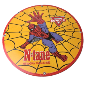 Vintage Conoco Gasoline Porcelain Sign - Spiderman Marvel Comics Gas Pump Sign