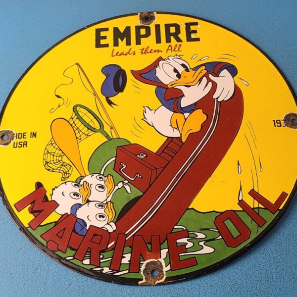 Vintage Empire Marine Oil Sign Donald Duck Service Gas Pump Porcelain Sign