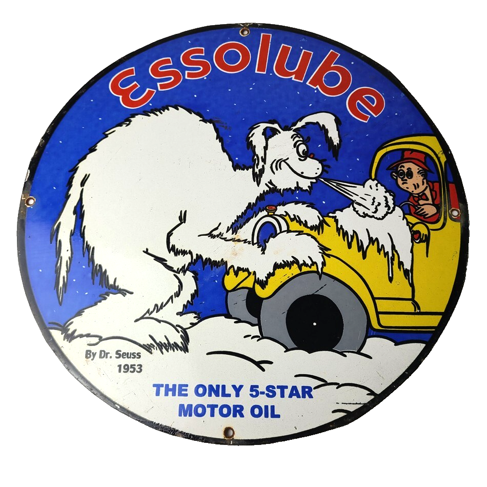 Vintage Esso Gasoline Porcelain Sign - Gas Service Station Dr Seuss Sign