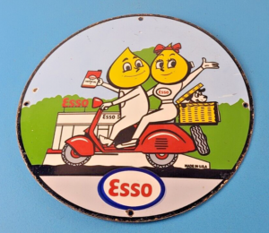 Vintage Esso Gasoline Porcelain Sign Oil Drop Boy Scooter Vespa Gas Sign 305867985361