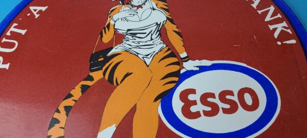 Vintage Esso Gasoline Porcelain Tiger Gas Service Station Auto Tank Sign 305937967921 3