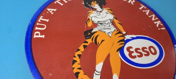 Vintage Esso Gasoline Porcelain Tiger Gas Service Station Auto Tank Sign 305937967921 5