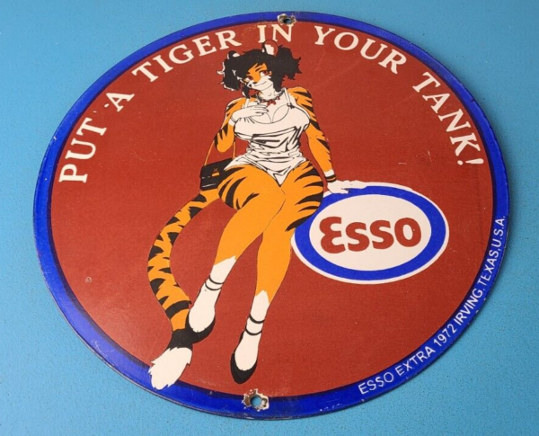 Vintage Esso Gasoline Porcelain Tiger Gas Service Station Auto Tank Sign 305937967921