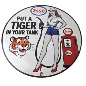 Vintage Esso Gasoline Sign - Ad Pump Service Attendant Gas Tank Porcelain Sign