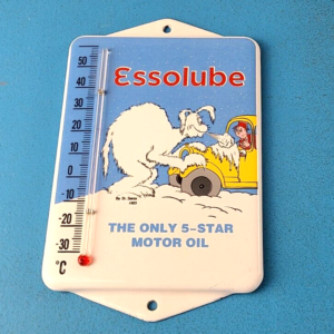 Vintage Esso Porcelain Sign - Esso Lube Gasoline Pump Ad Sign On Thermometer