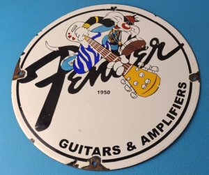 Vintage Fender Sign Guitars Amplifiers Music Porcelain Gas Station Sign 305870051981