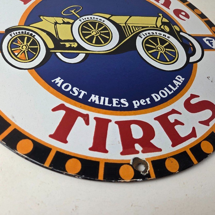 Vintage Firestone Tires Sign - Most Miles per Dollar Gas Pump Porcelain Ad Sign - Image 11