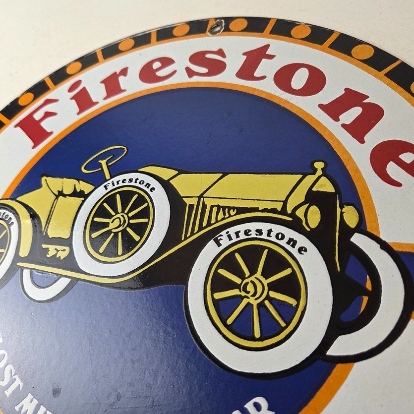 Vintage Firestone Tires Sign - Most Miles per Dollar Gas Pump Porcelain Ad Sign - Image 12