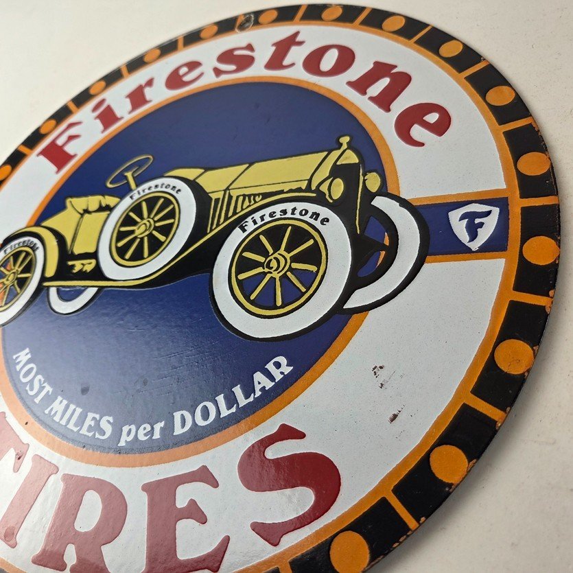 Vintage Firestone Tires Sign - Most Miles per Dollar Gas Pump Porcelain Ad Sign - Image 13