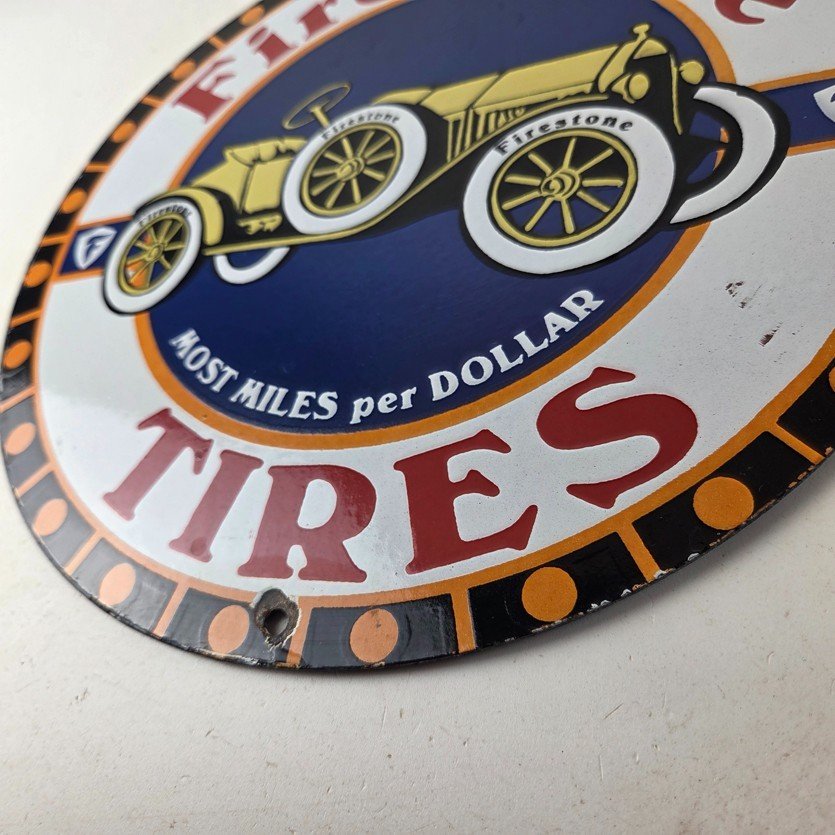 Vintage Firestone Tires Sign - Most Miles per Dollar Gas Pump Porcelain Ad Sign - Image 14