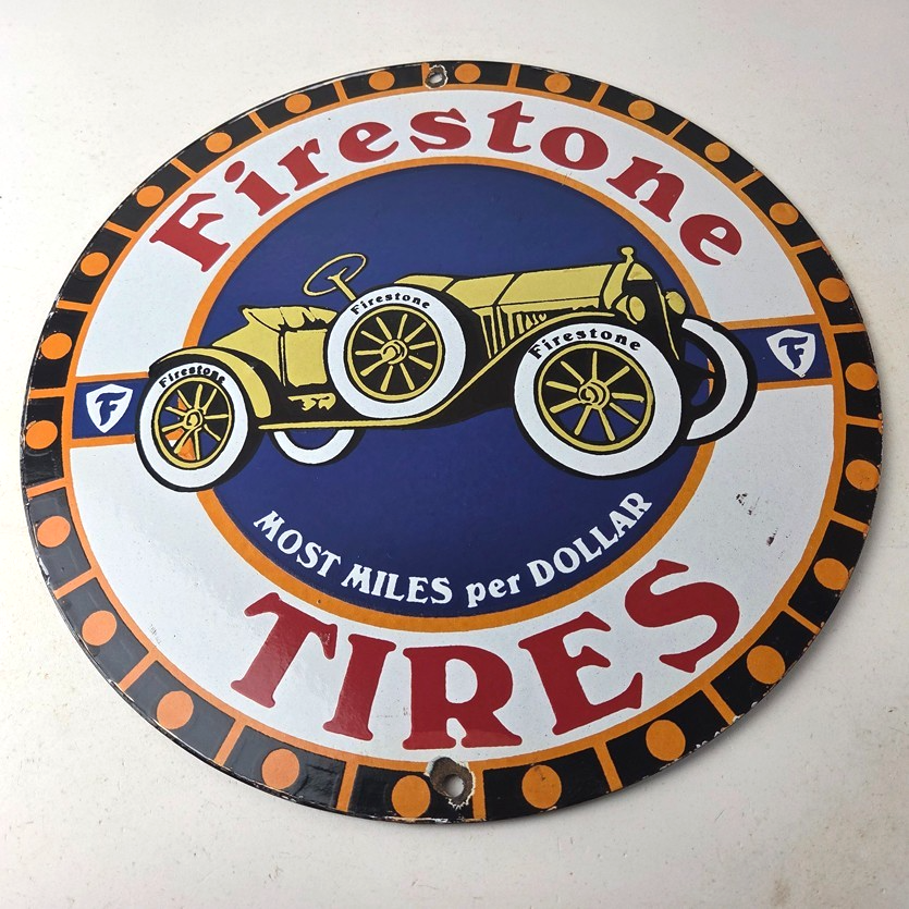 Vintage Firestone Tires Sign - Most Miles per Dollar Gas Pump Porcelain Ad Sign - Image 15