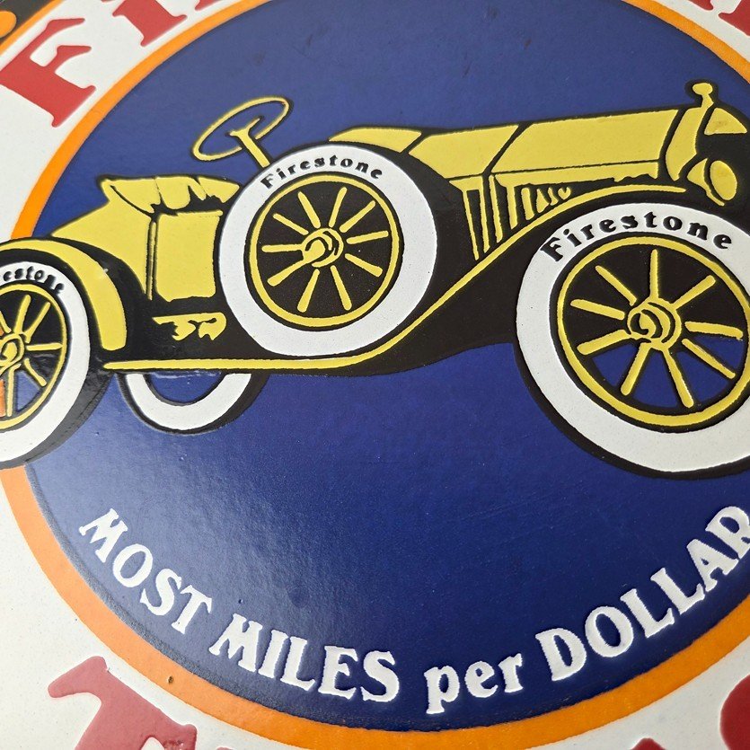 Vintage Firestone Tires Sign - Most Miles per Dollar Gas Pump Porcelain Ad Sign - Image 3