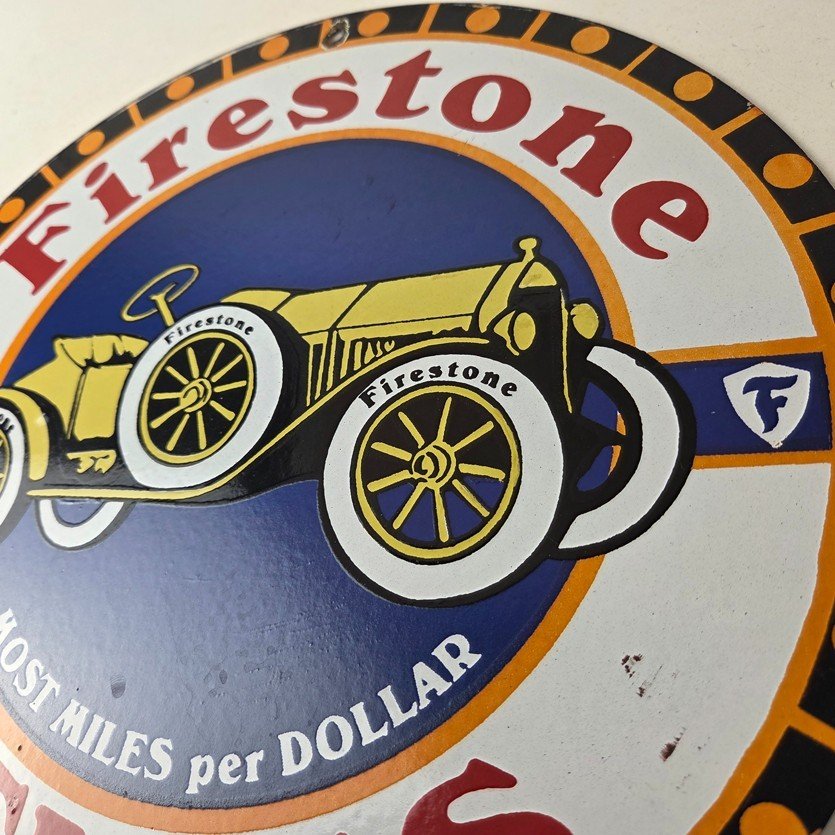 Vintage Firestone Tires Sign - Most Miles per Dollar Gas Pump Porcelain Ad Sign - Image 4