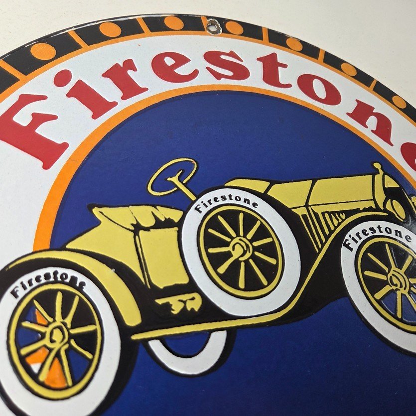 Vintage Firestone Tires Sign - Most Miles per Dollar Gas Pump Porcelain Ad Sign - Image 5