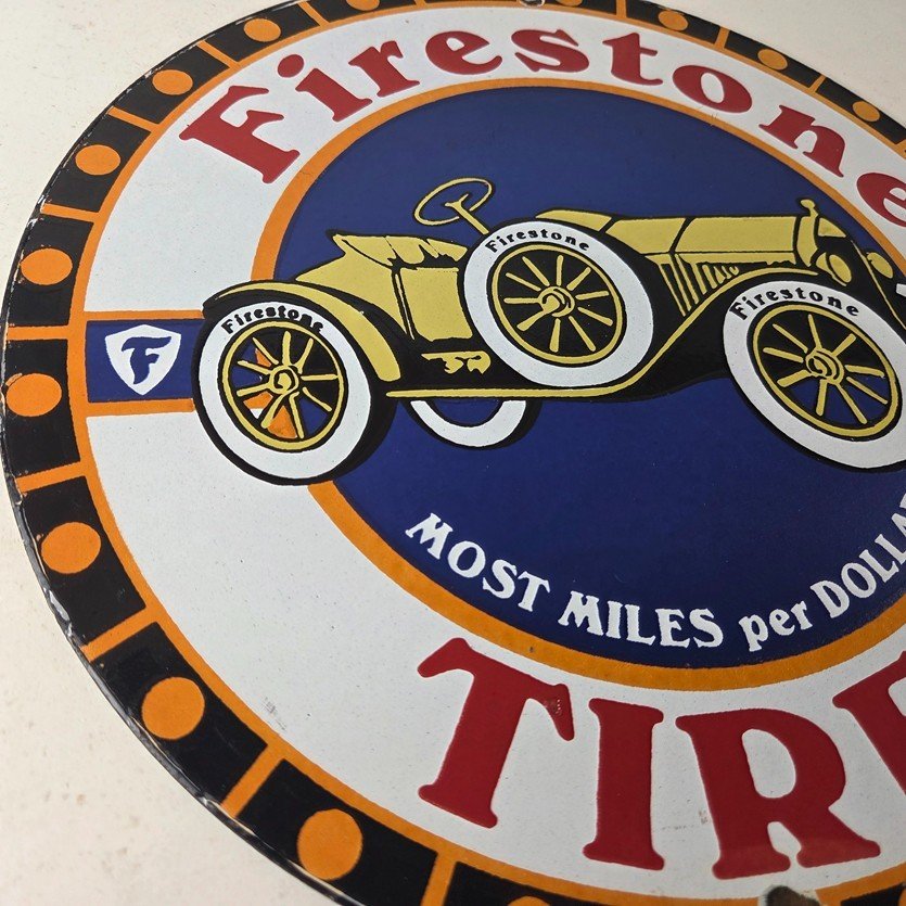 Vintage Firestone Tires Sign - Most Miles per Dollar Gas Pump Porcelain Ad Sign - Image 6