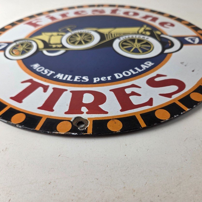 Vintage Firestone Tires Sign - Most Miles per Dollar Gas Pump Porcelain Ad Sign - Image 10