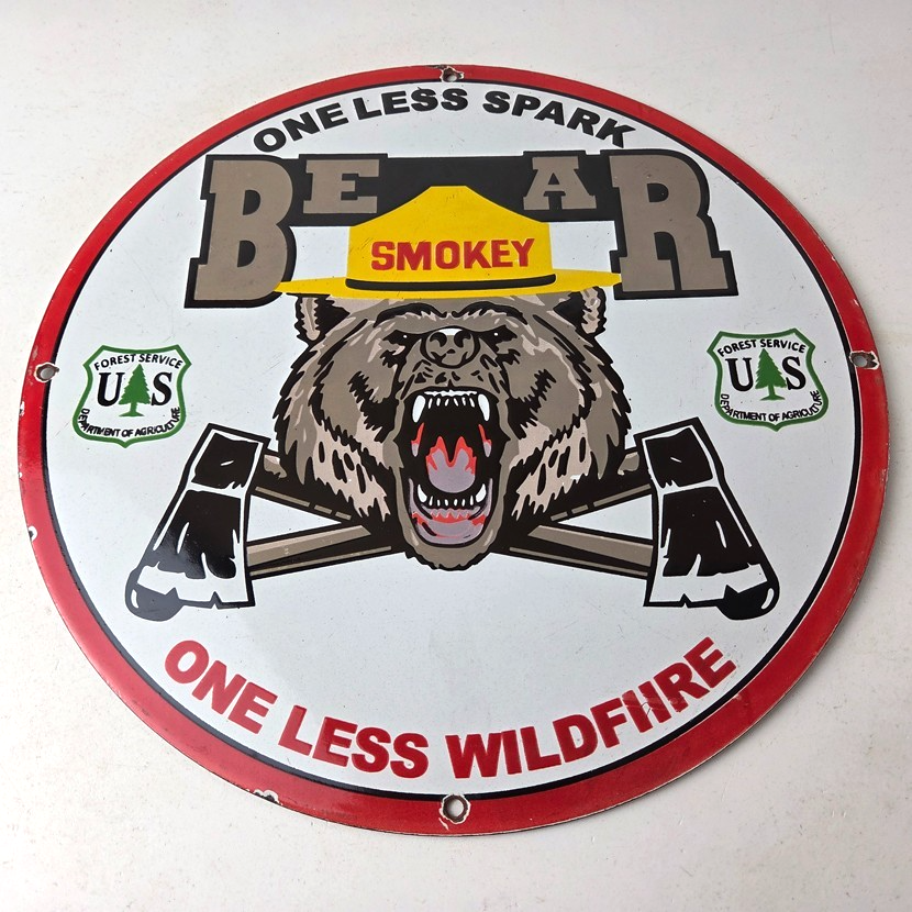 Vintage Forest Service Sign - Smokey the Bear Axes Gas Pump Porcelain Sign - Image 15