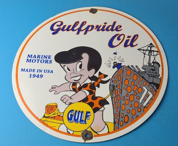 Vintage Gulf Gasoline Sign Pride Oil Marine Gas Pump Station Porcelain Sign 305863548621