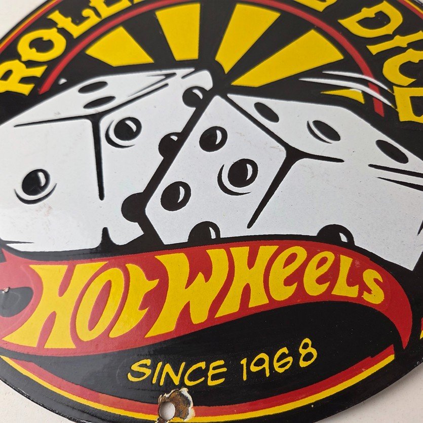 Vintage Hot Wheels Sign - Dice Die Cast Cars Porcelain Gas Station Pump Sign - Image 4