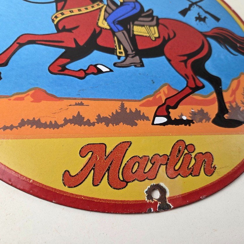 Vintage Marlin Firearms Porcelain Sign - Long Live Lever Gun Advertisement Sign - Image 11