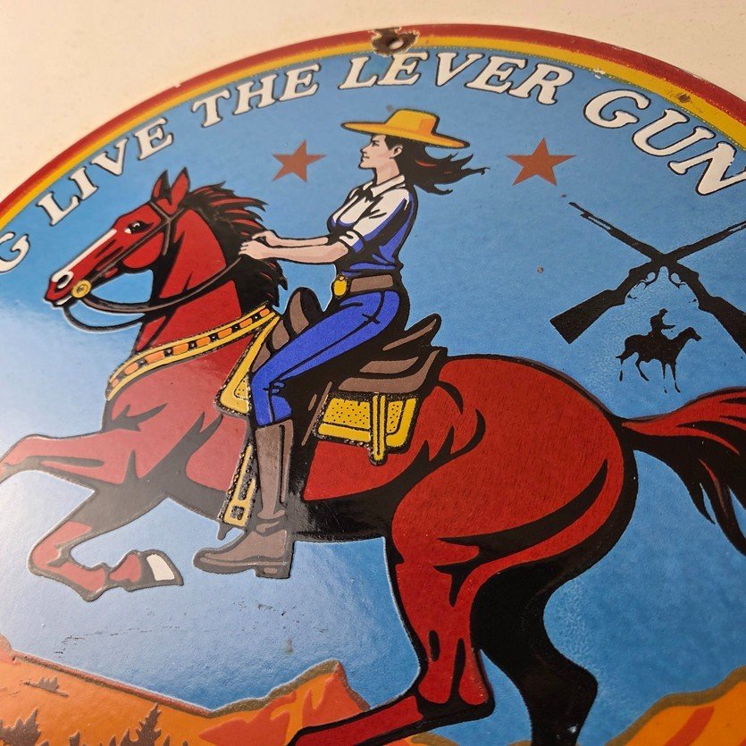 Vintage Marlin Firearms Porcelain Sign - Long Live Lever Gun Advertisement Sign - Image 12