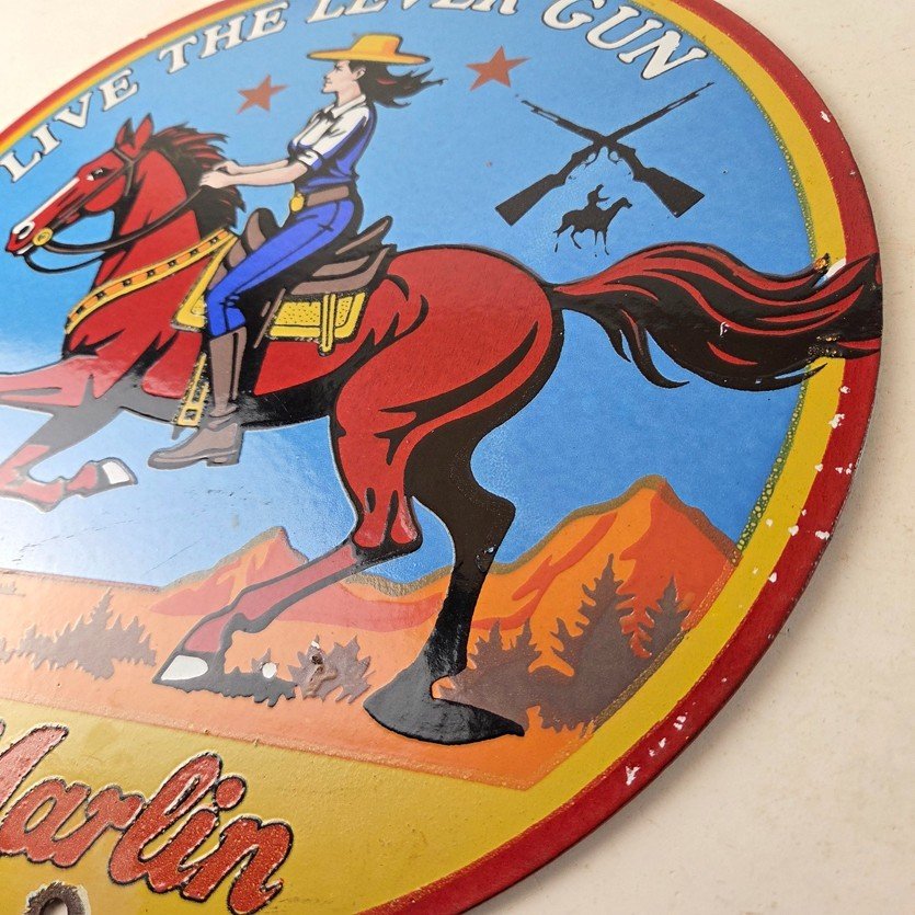 Vintage Marlin Firearms Porcelain Sign - Long Live Lever Gun Advertisement Sign - Image 13