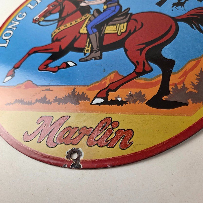 Vintage Marlin Firearms Porcelain Sign - Long Live Lever Gun Advertisement Sign - Image 14
