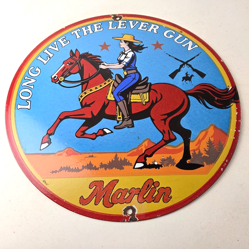 Vintage Marlin Firearms Porcelain Sign - Long Live Lever Gun Advertisement Sign - Image 15