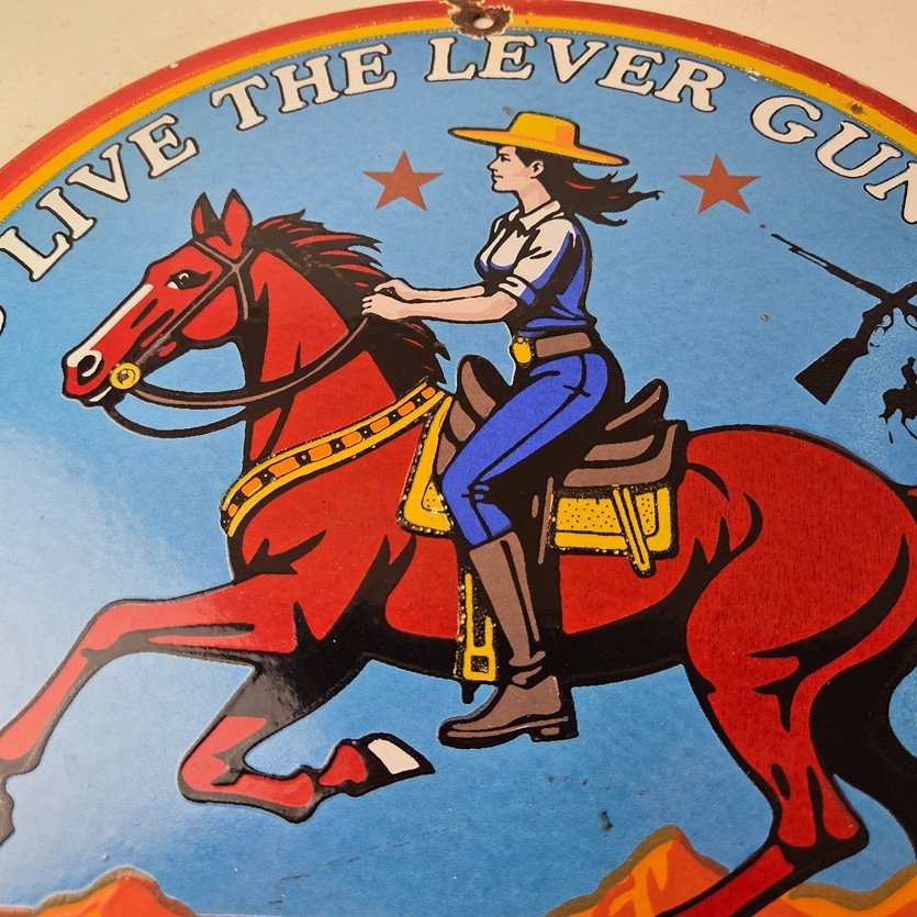 Vintage Marlin Firearms Porcelain Sign - Long Live Lever Gun Advertisement Sign - Image 3