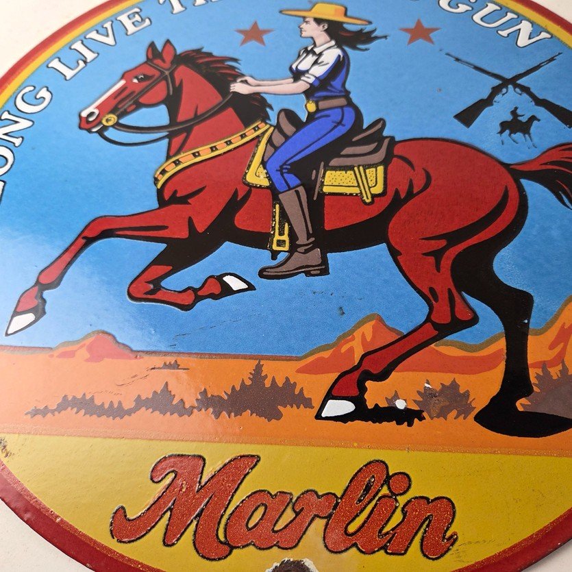 Vintage Marlin Firearms Porcelain Sign - Long Live Lever Gun Advertisement Sign - Image 4