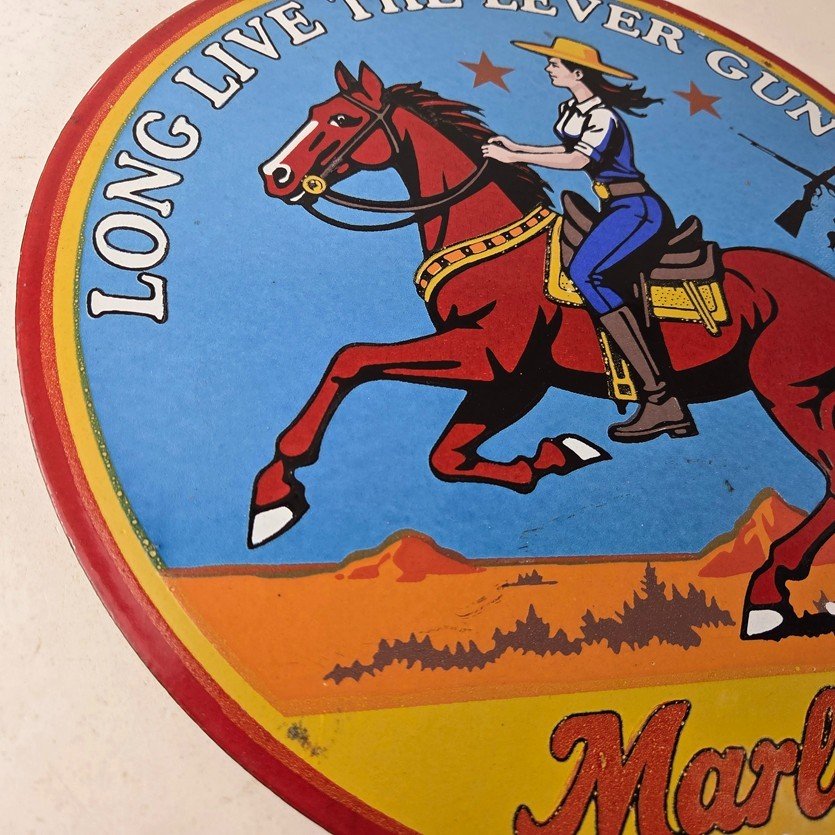 Vintage Marlin Firearms Porcelain Sign - Long Live Lever Gun Advertisement Sign - Image 6