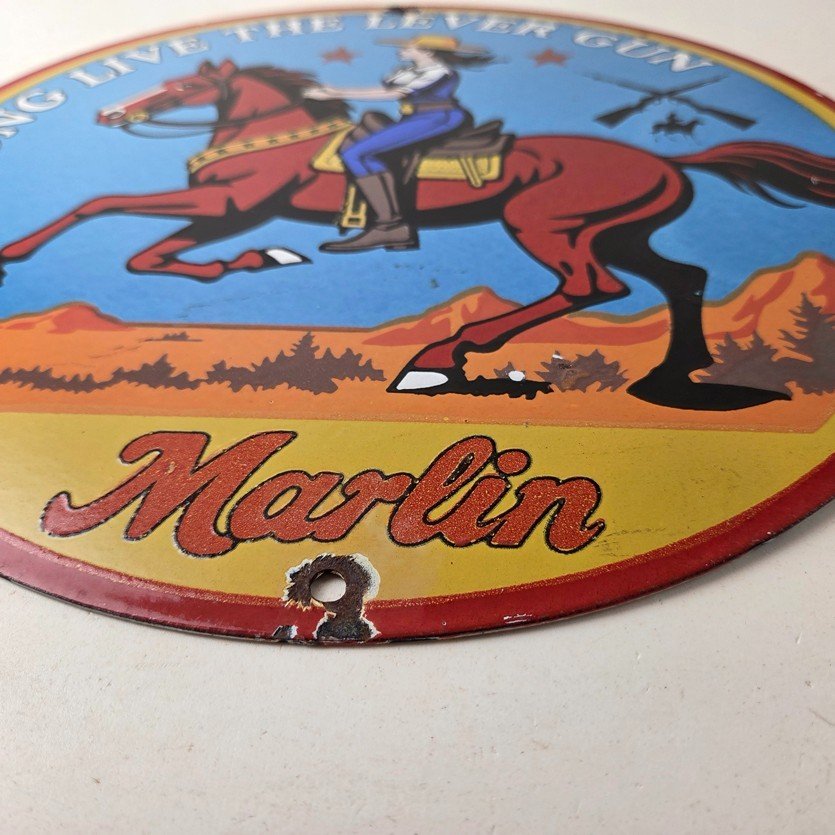 Vintage Marlin Firearms Porcelain Sign - Long Live Lever Gun Advertisement Sign - Image 10
