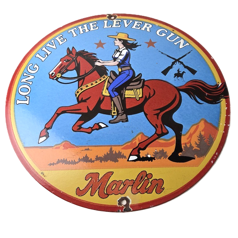 Vintage Marlin Firearms Porcelain Sign - Long Live Lever Gun Advertisement Sign