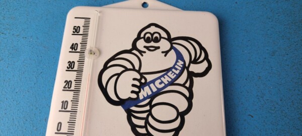 Vintage Michelin Tires Porcelain Sign - Gasoline Pump Ad Sign On Thermometer - Image 3