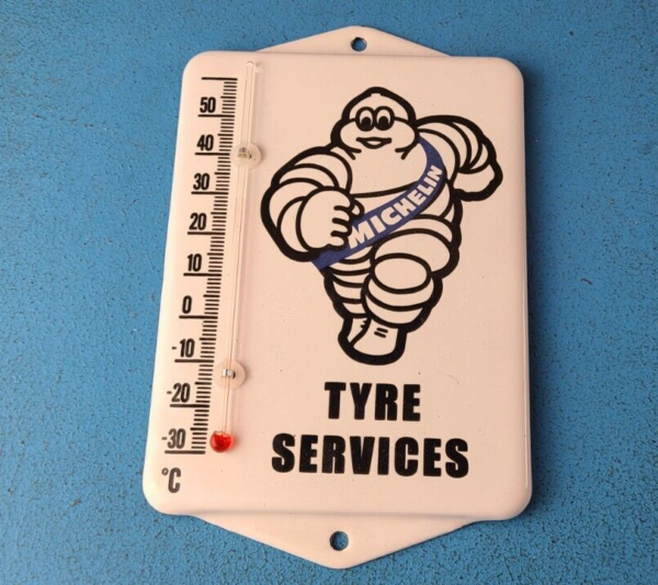 Vintage Michelin Tires Porcelain Sign - Gasoline Pump Ad Sign On Thermometer