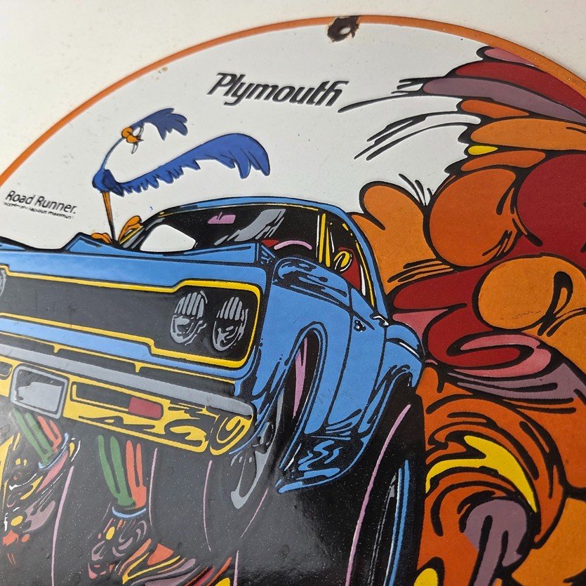 Vintage Mopar Plymouth Porcelain Sign - Road Runner Auto Shop Gas Pump Sign - Image 12
