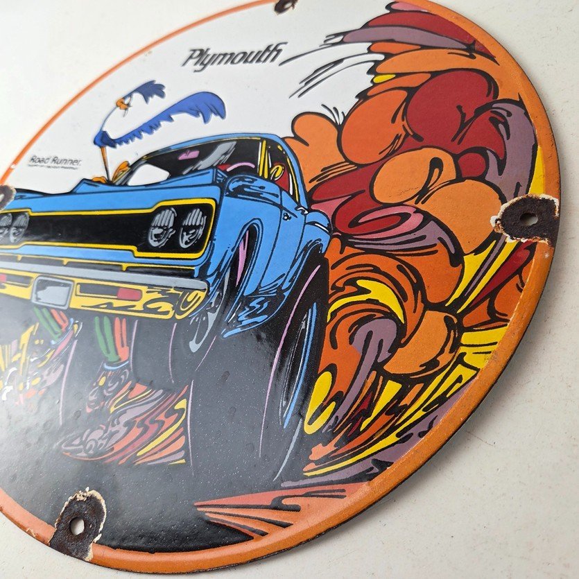 Vintage Mopar Plymouth Porcelain Sign - Road Runner Auto Shop Gas Pump Sign - Image 13